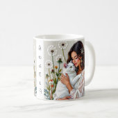 Frau und weiße Katze und Löwenzahn Kaffeetasse (VorderseiteRechts)
