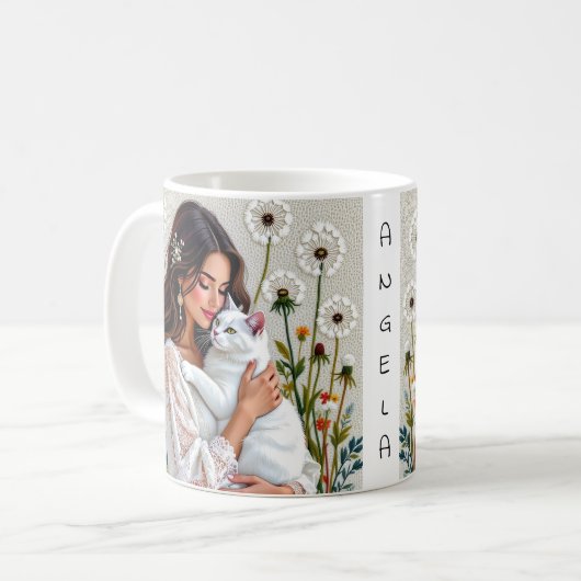 Frau und weiße Katze und Löwenzahn Kaffeetasse (Vorderseite Links)