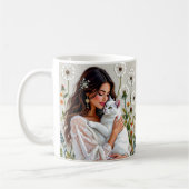 Frau und weiße Katze und Löwenzahn Kaffeetasse (Links)