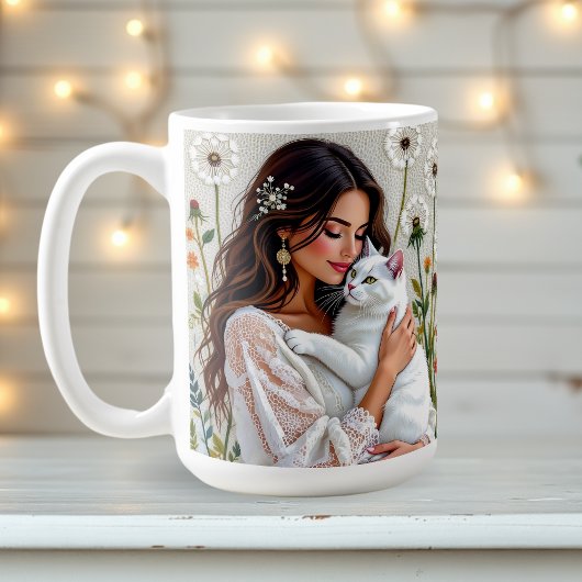 Frau und weiße Katze und Löwenzahn  Kaffeetasse