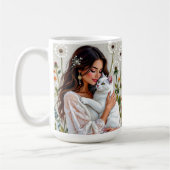 Frau und weiße Katze und Löwenzahn  Kaffeetasse (Links)