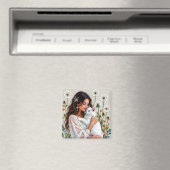 Frau und weiße Katze und Löwenzahn Magnet (In Situ (Geschirrspüler))
