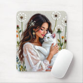 Frau und weiße Katze und Löwenzahn Mousepad (Mit Mouse)