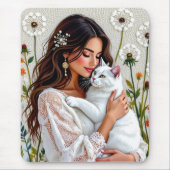 Frau und weiße Katze und Löwenzahn Mousepad (Vorne)