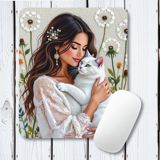 Frau und weiße Katze und Löwenzahn Mousepad