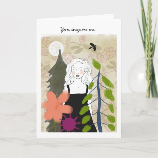 Frau unter Mond mit Vogelmalerei Karte (Vorderseite)