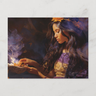 Frau verbrennt Salbei und meditiert Postkarte