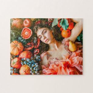 Frau, zwischen Früchten und Blütenblättern liegend Puzzle
