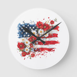 Frauen 4. Juli Blumen Amerikanische Flagge Wildblu Runde Wanduhr