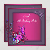 Frauen 50. Geburtstag Rosa Lila Schmetterling Einladung (Vorne/Hinten)