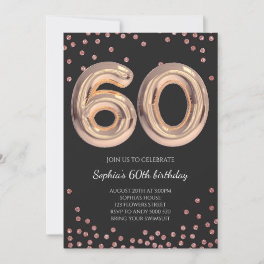 Frauen 60. Geburtstag 60 Rose Gold Einladung (Vorderseite)
