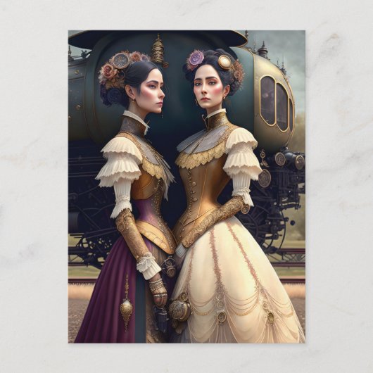 Frauen am Viktorianischen Steampunk-Bahnhof Postkarte (Vorderseite)