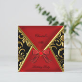 Frauen Birthday Party Gold Red Black Damask Einladung (Stehend Vorderseite)