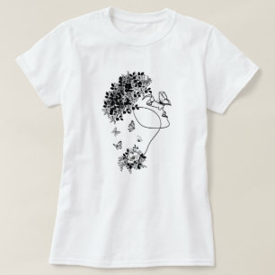 Frauen Blumen Dunkler Schmetterling Gesicht Portra T-Shirt