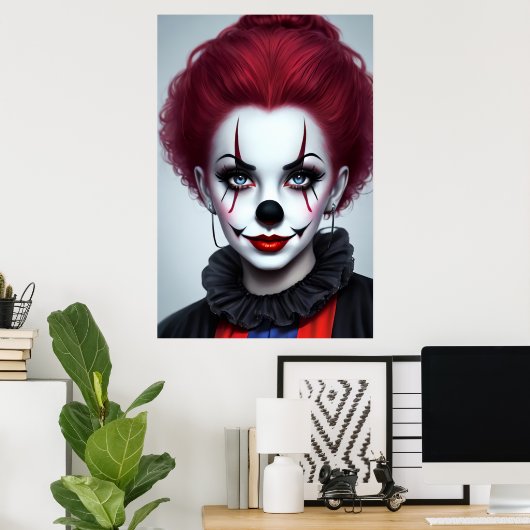 Frauen Clown rotes Haar schwarze Nase | Art der AI Poster (Heimbüro)