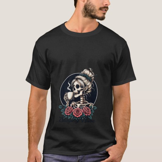 Frauen, die Alive Messy Bun Skeleton Coffee Love B T-Shirt (Vorderseite)