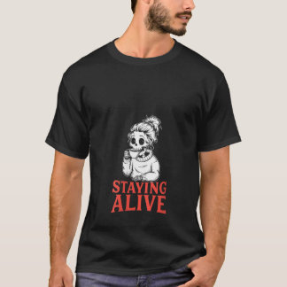 Frauen, die Alive Messy Bun Skeleton Drinks C Blei T-Shirt