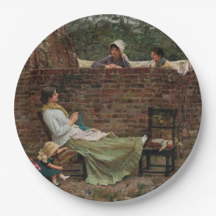 Frauen, die über der Gartenmauer chatten (Klatsch) Pappteller