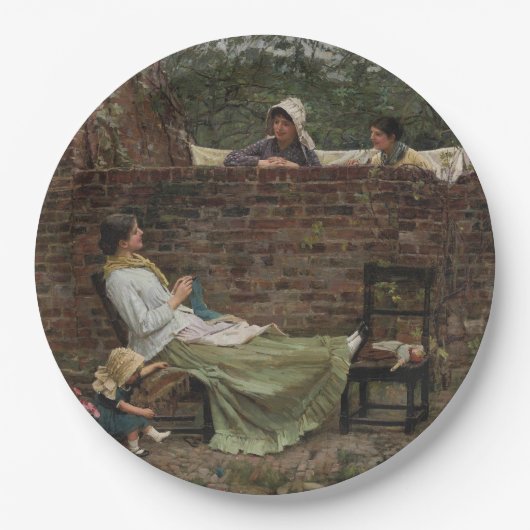 Frauen, die über der Gartenmauer chatten (Klatsch) Pappteller (Vorderseite)