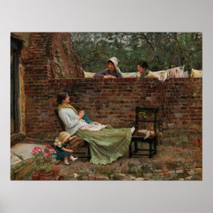 Frauen, die über der Gartenmauer chatten (Klatsch) Poster