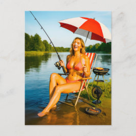 Frauen, die unter Sonnenschirm fischen, während si Feiertagspostkarte