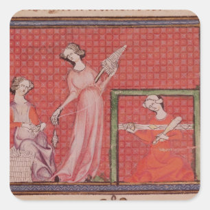 Frauen, die Wolle spinnen Quadratischer Aufkleber