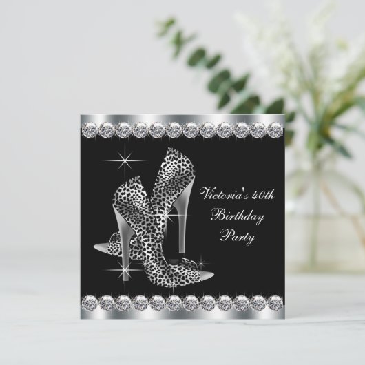 Frauen Elegante Black Birthday Party Einladung (Stehend Vorderseite)