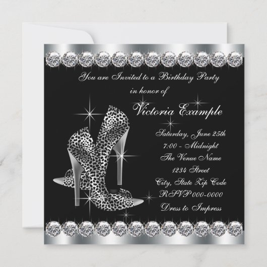 Frauen Elegante Black Birthday Party Einladung (Rückseite)