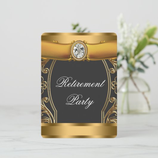 Frauen Elegantes Black and Gold Rentirement Party Einladung (Stehend Vorderseite)