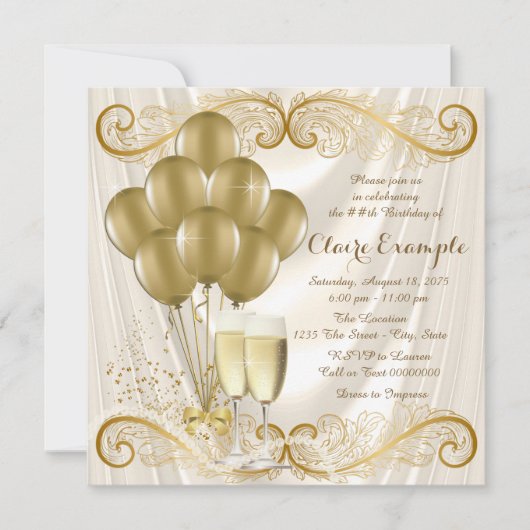 Frauen Elfenbeingold Geburtstagsparty Champagne Gl Einladung (Vorderseite)