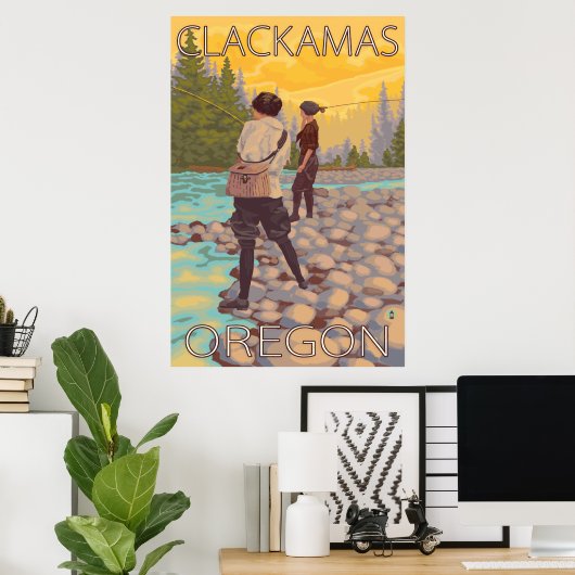 Frauen Fischerei - Clackamas, Oregon Poster (Heimbüro)