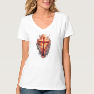 Frauen Flammendes christliches Kreuz V-Ausschnitt T-Shirt