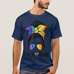 Frauen Freie Mama Hugs Messy Bun LGBT Pride Rainbo T-Shirt