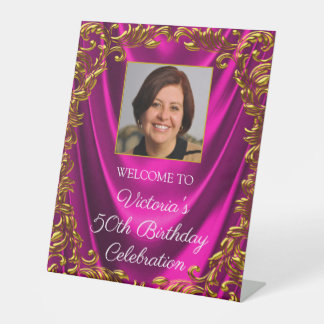 Frauen Fuchsia Gold Foto Geburtstagskarte Sockelschild