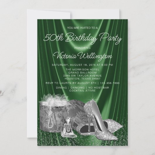 Frauen Grün Silberschuss irgendeine Zahl Geburtsta Einladung (Vorderseite)