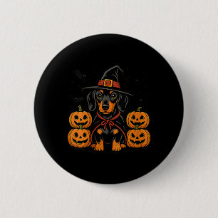 Frauen Halloween Dachshund Hund Hexenhut Kürbis Button