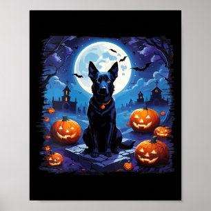 Frauen Halloween Schwarzer Hund Unter Dem Mond Her Poster