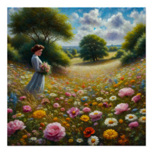 Frauen halten Blume auf einer Wiese Poster