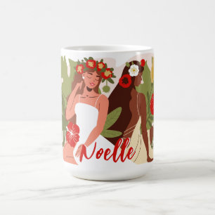Frauen im Garten, rote Blume, grüne Folien Kaffeetasse