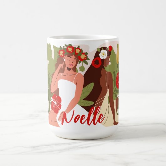 Frauen im Garten, rote Blume, grüne Folien Kaffeetasse (Mittel)