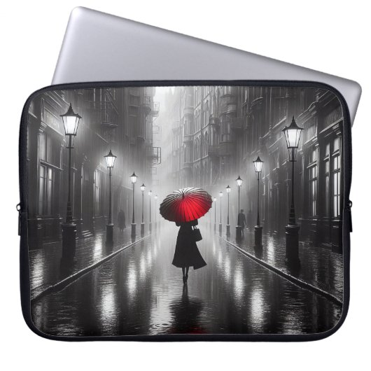 Frauen im Regen mit rotem Regenschirm Laptopschutzhülle (Vorderseite)