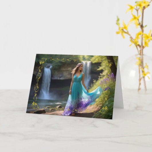 Frauen in Aquamarinem Kleid am Wasserfall Geburtst Karte (Gelbe Blume)