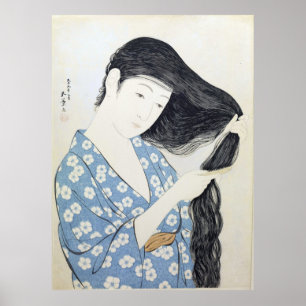 Frauen in Blau, die ihr Haar spielen, japanische K Poster