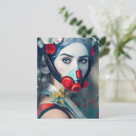 Frauen in einer Gasmaske und Blume Postkarte (Stehend Vorderseite)