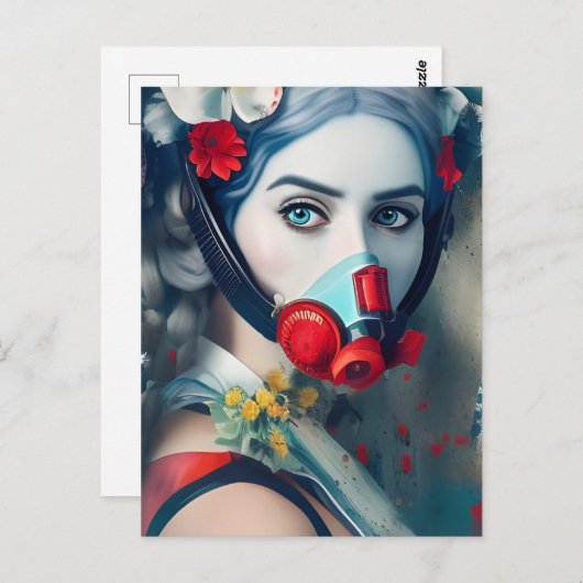 Frauen in einer Gasmaske und Blume Postkarte (Vorne/Hinten)