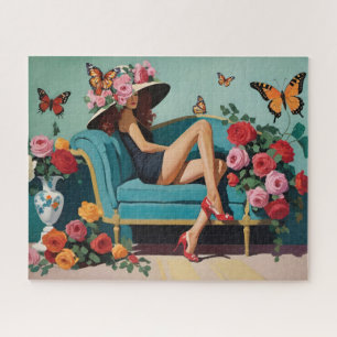 Frauen in Kurzen Kleiderhütten und Big Blume Hut Puzzle