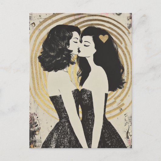 Frauen in Liebe Küssen in Schwarzen Kleider Gold H Postkarte (Vorderseite)