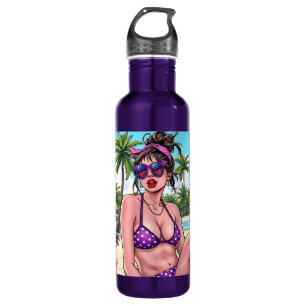 Frauen in Lila Bikini und Bandanna am Strand Edelstahlflasche