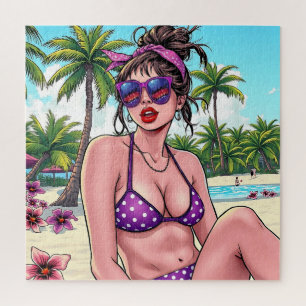 Frauen in Lila Bikini und Bandanna am Strand Puzzle