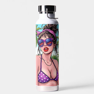 Frauen in Lila Bikini und Bandanna am Strand Trinkflasche